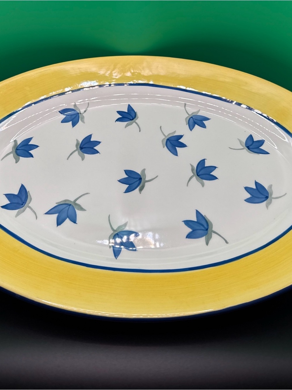 Yellow Rim Blue Floral Oval Serving Platter